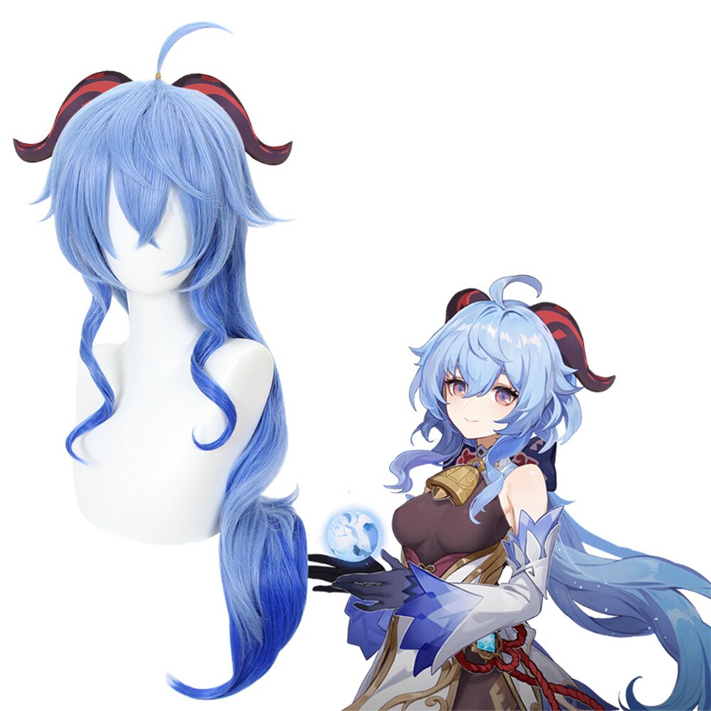 2022 Game Genshin Impact Ganyu Cosplay Halloween Long Curly Hairband Bangs Blue Gradient Wig Ladies Heat Resistant S